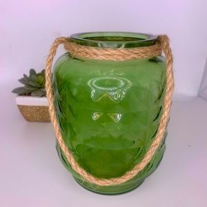 NWT Cubist Design Green Glass Lantern Nautical Western Rope Decor Jar